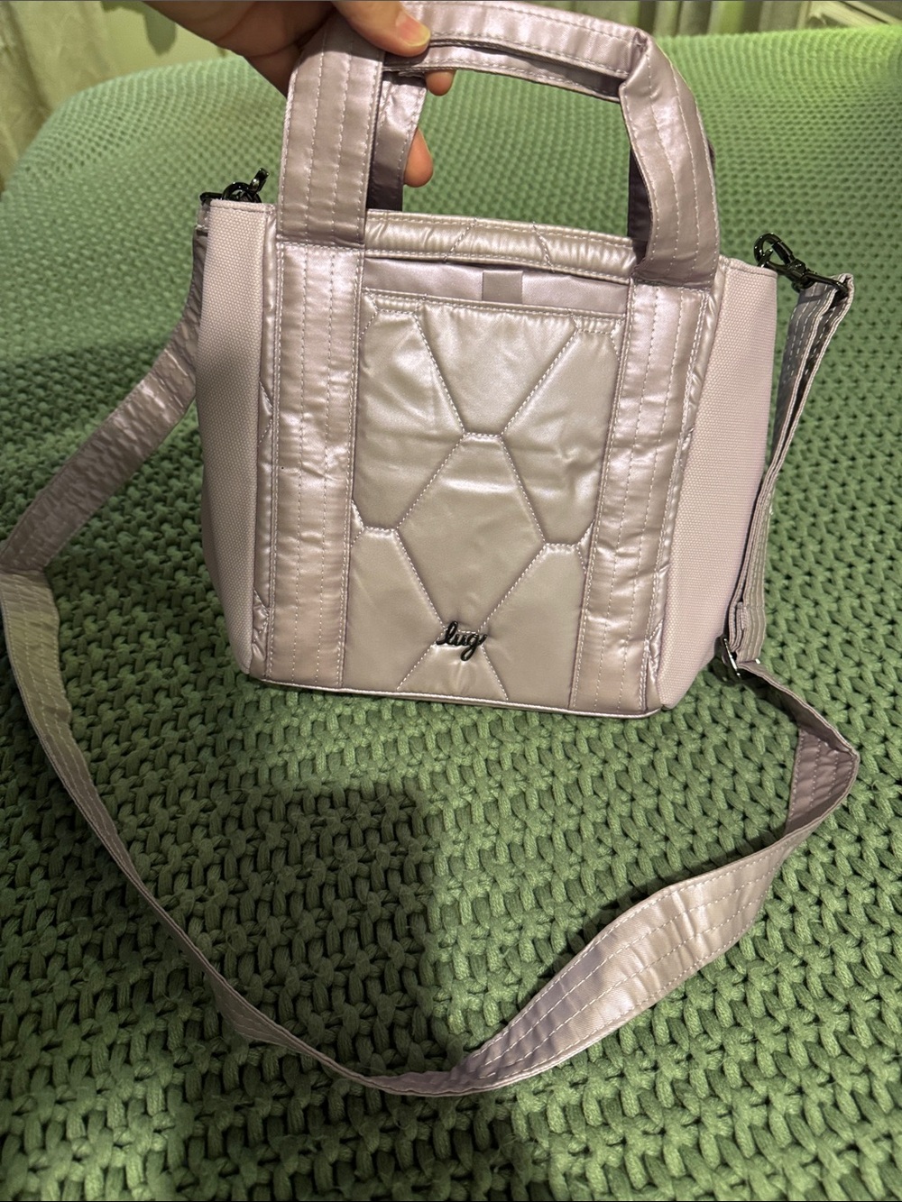 lug Quilted Mini Crossbody Tote in iridescent light purple